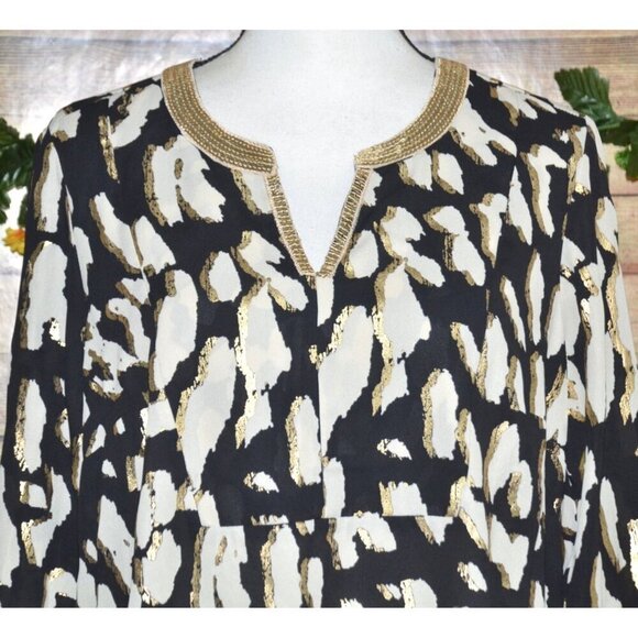 JM Collection Black Print Tunic 3/4 Sleeve V-Neck Blouse Size M Metallic Sequin - Picture 2 of 11